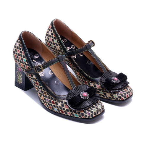 Plaid Patchwork Floral Mary Jane High Heels (Audrina)