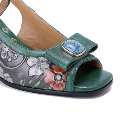 Hand-Painted Genuine Leather Embossed Chunky Heel Sandals (Celeste)