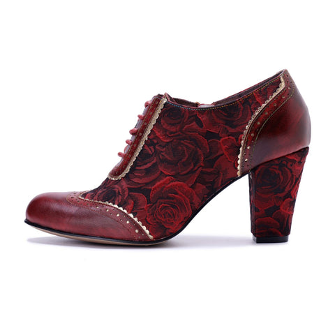 French Court Patchwork Red Rose Lace-Up Side Zipper Pump (Ingrid)