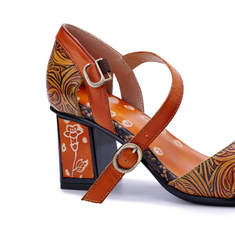 Hand-Painted Vintage Flower Chunky Heel Sandals (Celeste)