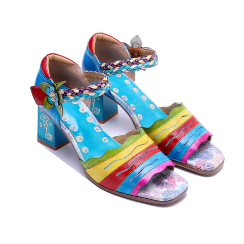 Hand-Painted Leather Multi Color Chunky High Heel Sandals (Celeste)