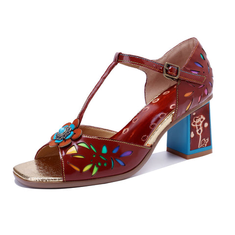 Hand Painted Hollow Flower Vintage Chunky Heel Sandals (Celeste)