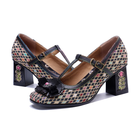 Plaid Patchwork Floral Mary Jane High Heels (Audrina)