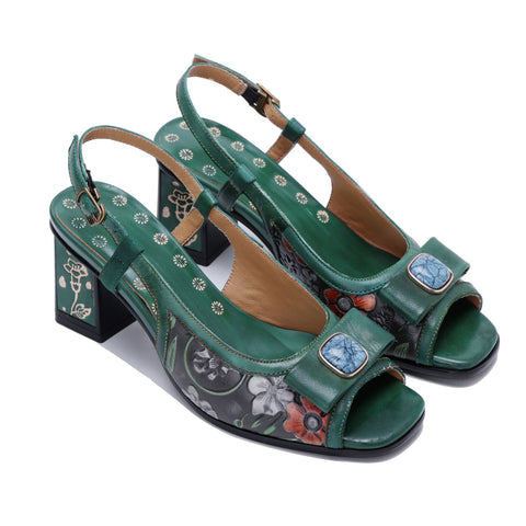 Hand-Painted Genuine Leather Embossed Chunky Heel Sandals (Celeste)