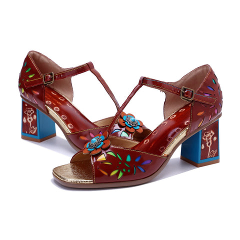 Hand Painted Hollow Flower Vintage Chunky Heel Sandals (Celeste)