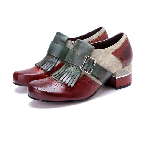 Brogue Contrast Color Fringe Side Zipper Heels (Morgana)