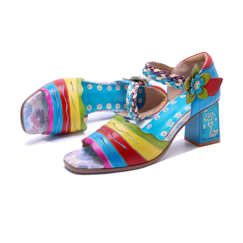 Hand-Painted Leather Multi Color Chunky High Heel Sandals (Celeste)