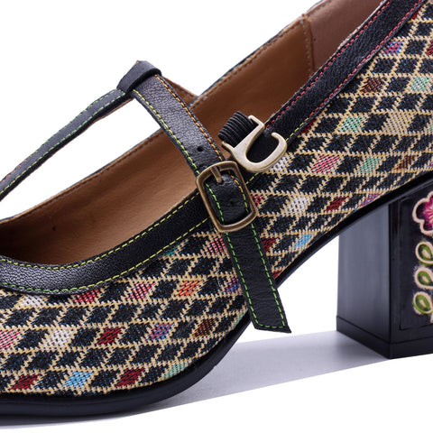 Plaid Patchwork Floral Mary Jane High Heels (Audrina)