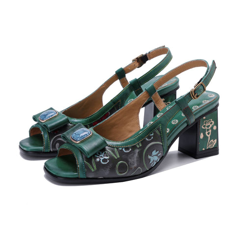 Hand-Painted Genuine Leather Embossed Chunky Heel Sandals (Celeste)