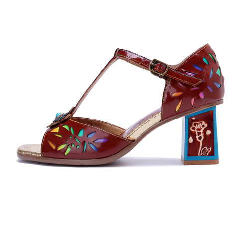 Hand Painted Hollow Flower Vintage Chunky Heel Sandals (Celeste)