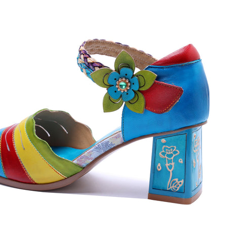 Hand-Painted Leather Multi Color Chunky High Heel Sandals (Celeste)