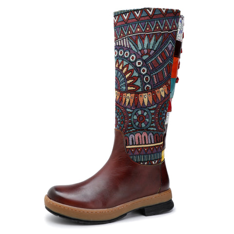 Bohemian Leather Splicing Pattern High Tube Boots