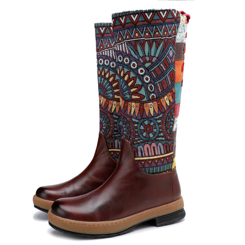 Bohemian Leather Splicing Pattern High Tube Boots