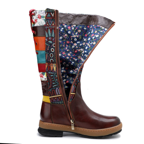 Bohemian Leather Splicing Pattern High Tube Boots