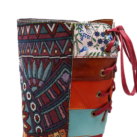 Bohemian Leather Splicing Pattern High Tube Boots