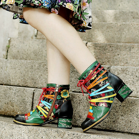 Vintage Handcrafted Colorful Strap Patchwork Ankle Boots