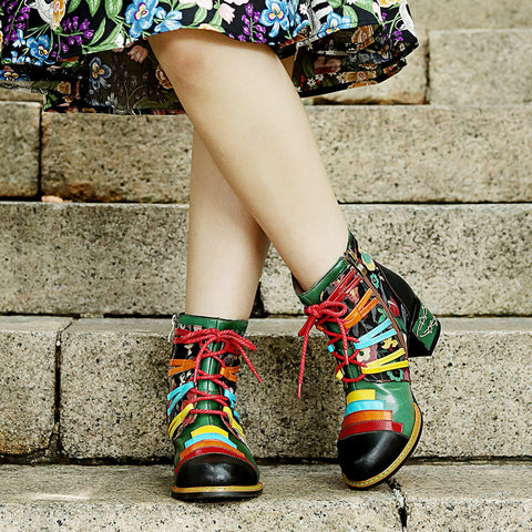 Vintage Handcrafted Colorful Strap Patchwork Ankle Boots