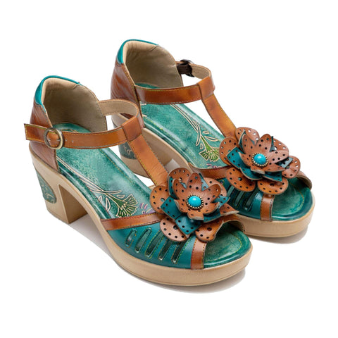 Hand-Painted Flower Buckle Strap Chunky Heel Sandals (Celeste)