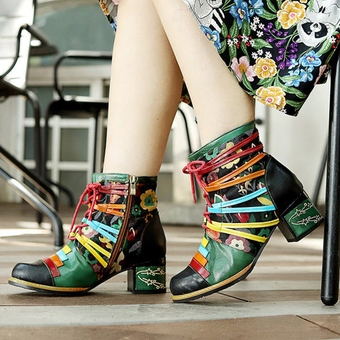 Vintage Handcrafted Colorful Strap Patchwork Ankle Boots