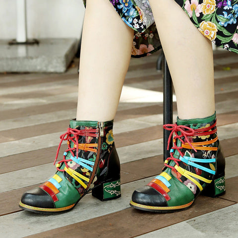 Vintage Handcrafted Colorful Strap Patchwork Ankle Boots