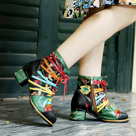 Vintage Handcrafted Colorful Strap Patchwork Ankle Boots