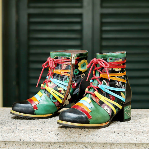 Vintage Handcrafted Colorful Strap Patchwork Ankle Boots