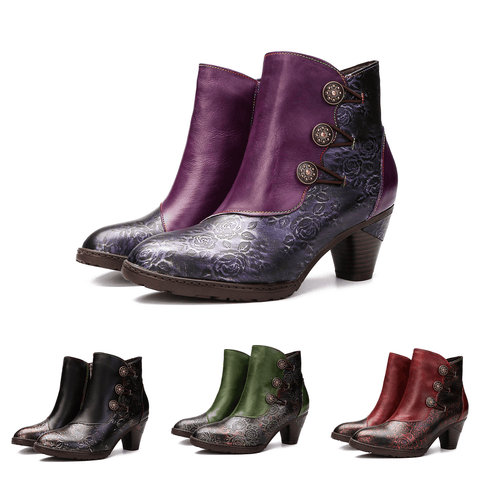 Hand-Painted Iridescent Embossed Side Zipper Buckle Heel Boots (Lilith)