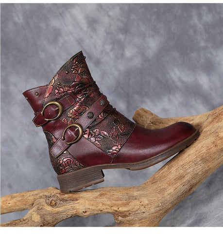 Hand-Painted Leather Side Zipper Buckle Low Heel Boots (Giselle)