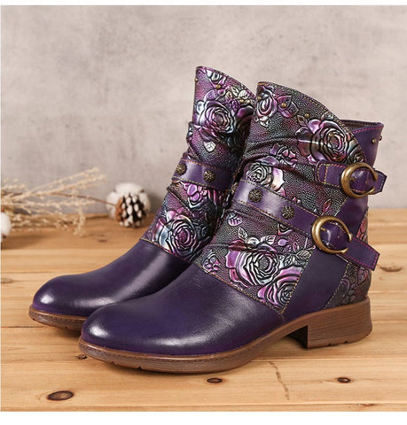 Hand-Painted Leather Side Zipper Buckle Low Heel Boots (Giselle)