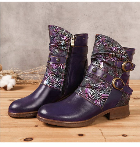 Hand-Painted Leather Side Zipper Buckle Low Heel Boots (Giselle)