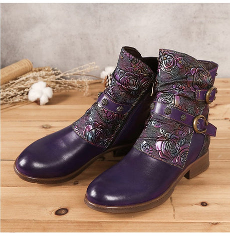 Hand-Painted Leather Side Zipper Buckle Low Heel Boots (Giselle)