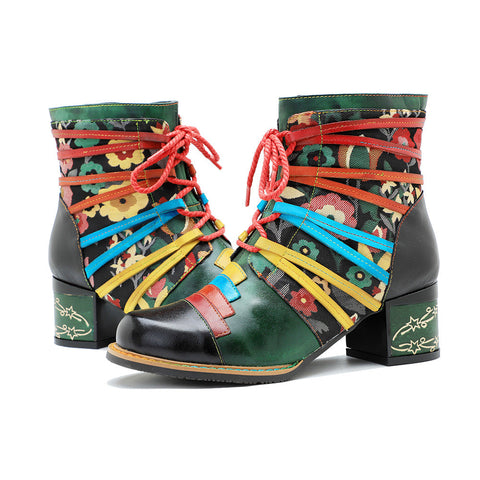 Vintage Handcrafted Colorful Strap Patchwork Ankle Boots