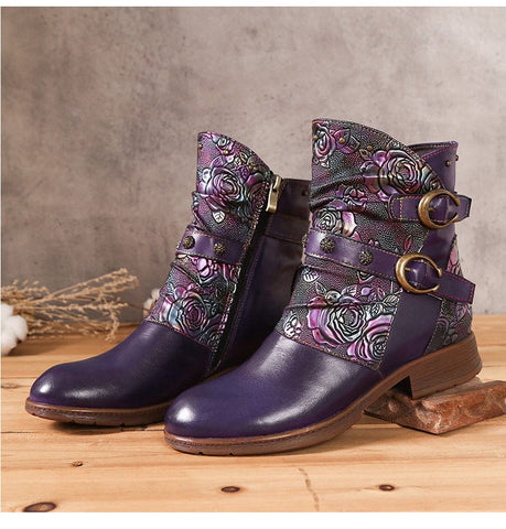 Hand-Painted Leather Side Zipper Buckle Low Heel Boots (Giselle)