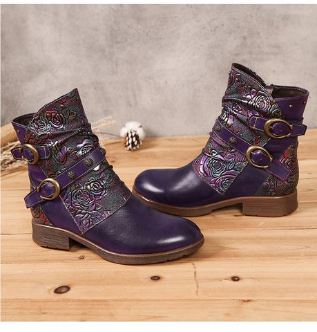 Hand-Painted Leather Side Zipper Buckle Low Heel Boots (Giselle)