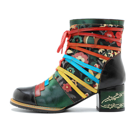 Vintage Handcrafted Colorful Strap Patchwork Ankle Boots