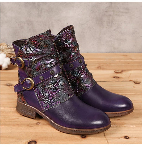 Hand-Painted Leather Side Zipper Buckle Low Heel Boots (Giselle)