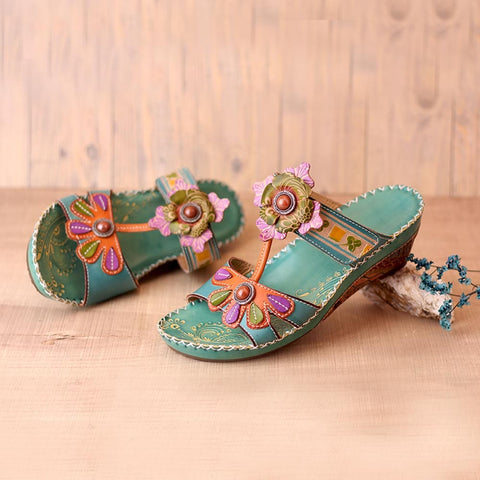 Floral Peep Toe Mid Heel Slip On Sandals (Lila)