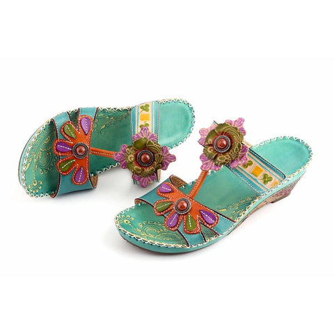 Floral Peep Toe Mid Heel Slip On Sandals (Lila)