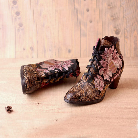 Retro Hand Painted Leather Stitched High Heels Ankle Boots