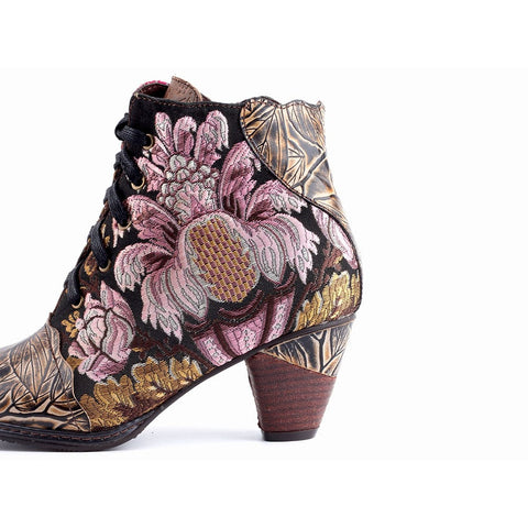 Retro Hand Painted Leather Stitched High Heels Ankle Boots