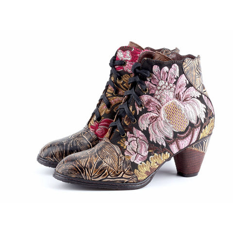 Retro Hand Painted Leather Stitched High Heels Ankle Boots