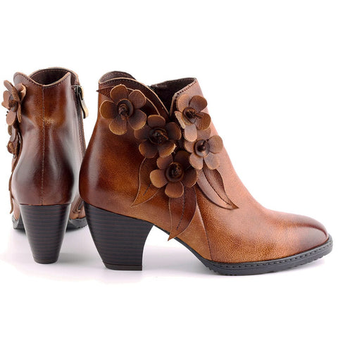 Comfy Vintage Handmade Floral Ankle Leather Boots