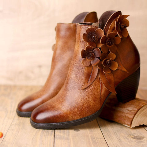 Comfy Vintage Handmade Floral Ankle Leather Boots