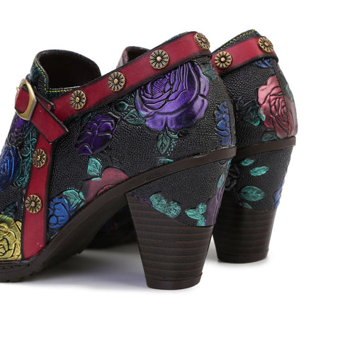 Hand-Painted Embossed Rose Side Zipper High Heel Pumps (Lilith)