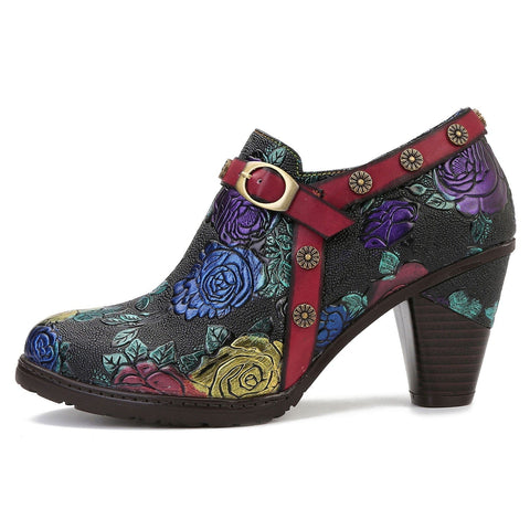 Hand-Painted Embossed Rose Side Zipper High Heel Pumps (Lilith)