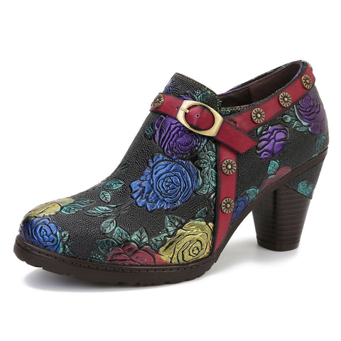 Hand-Painted Embossed Rose Side Zipper High Heel Pumps (Lilith)