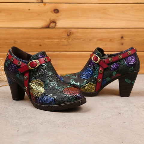 Hand-Painted Embossed Rose Side Zipper High Heel Pumps (Lilith)