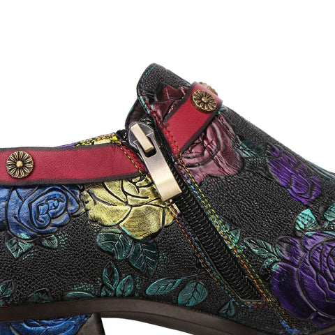 Hand-Painted Embossed Rose Side Zipper High Heel Pumps (Lilith)