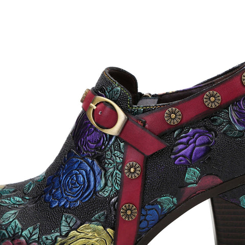 Hand-Painted Embossed Rose Side Zipper High Heel Pumps (Lilith)