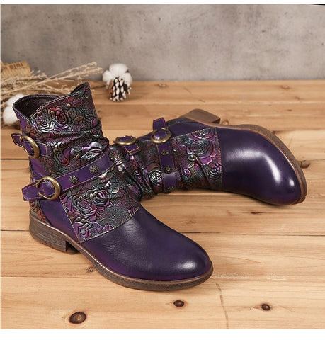 Hand-Painted Leather Side Zipper Buckle Low Heel Boots (Giselle)